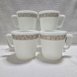 Vintage Pyrex White Mugs with Brown Floral Design Set Of 4 Euc